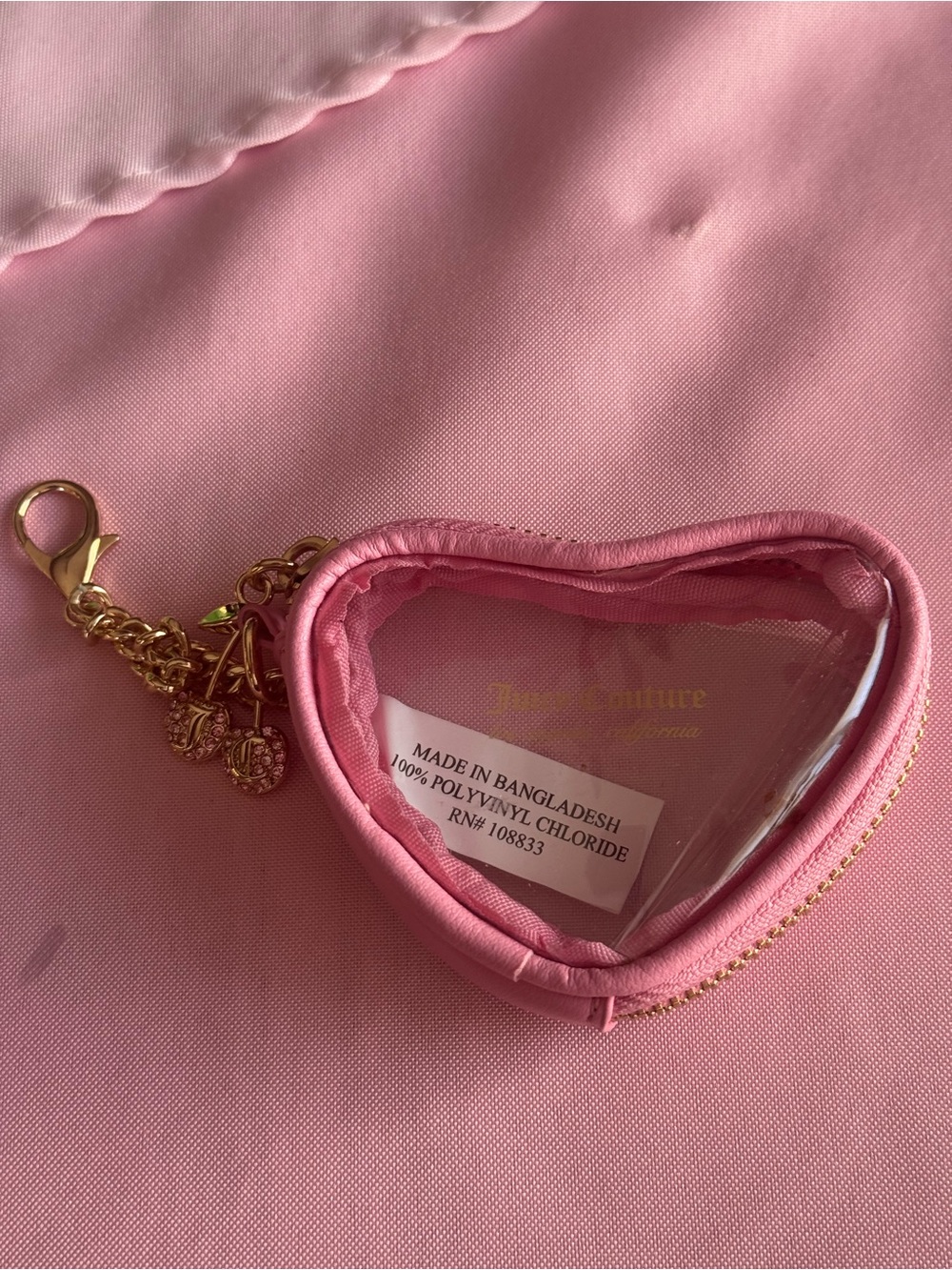 Juicy Couture Pink Heart-Shaped Clear Key Pouch with Gold tone cherry Charm NWOT